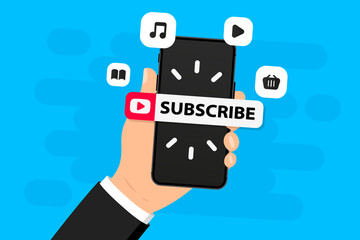 Subscribe button. Smartphone with subscribe web button for online service. Digital social marketing. Social media concept. Subscribe to video channel, blog newsletter, music, shop. Vector illustration