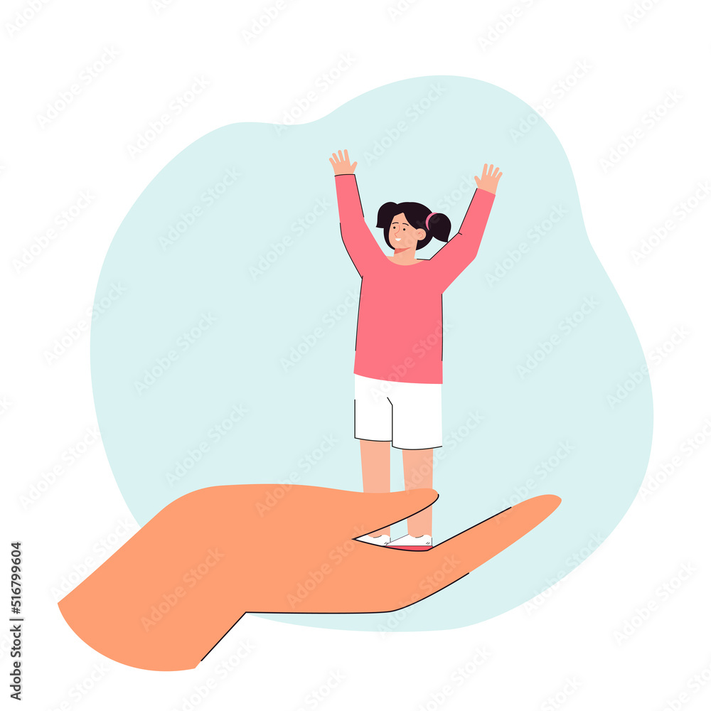 Wall mural Huge hand holding cute girl raising arms. Person protecting adorable child flat vector illustration. International children day, childhood, care, protection concept for banner or landing web page