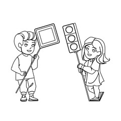 kid road safety vector. child boy girl, traffic street, city ride light kid road safety character. people black line pencil drawing vector illustration