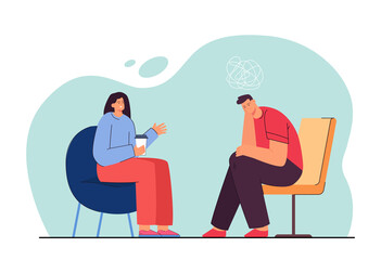 Therapist or friend talking to sad man. Confused or depressed character getting psychological help flat vector illustration. Psychology, communication, mental health, friendship concept for banner