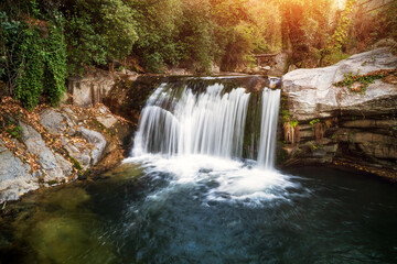 Fototapeta na wymiar Fairy Tale waterfall in Garganta la Olla, Extremadura, Spain. High quality photo