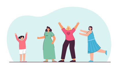 Cartoon women cheering for happy little girl. Daughter with celebrating birthday with mother, aunt and sister flat vector illustration. Celebration, family, happiness concept for banner, landing page - obrazy, fototapety, plakaty