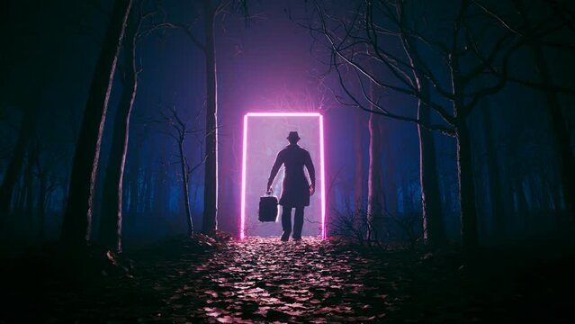 Fantasy scene. A man with a suitcase passed through the neon portal in the wood.