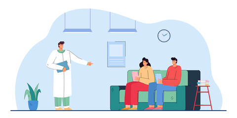 Male doctor inviting people from queue into office. Man and woman sitting on sofa in hospital corridor flat vector illustration. Health, medicine concept for banner, website design or landing web page
