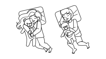 kid sleep vector. child bed night, boy girl, little dream, pillow bedroom kid sleep character. people black line pencil drawing vector illustration