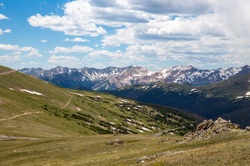 Fototapeta na wymiar The view of Rocky Mountain National Park from one of the scenic spots at a high elevation.