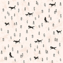 Seamless pattern with wolves and trees. Ancient style forest landscape vector illustration.