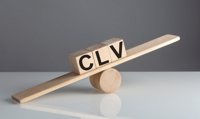 CLV on wooden cubes on a wooden balance , business concept