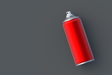 Metallic can of spray paint. Hairspray or lacquer. Disinfectant sprayer. Renovation equipment. Gas in aerosol container. Tool for street art. Top view. Copy space. 3d illustration