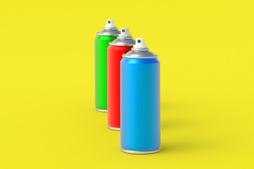 Metallic cans of spray paint. Hairspray or lacquer. Disinfectant sprayer. Renovation equipment. Gas in aerosol container. Tool for street art. 3d render