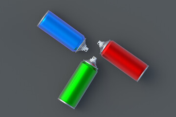 Metallic cans of spray paint. Hairspray or lacquer. Disinfectant sprayer. Renovation equipment. Gas in aerosol container. Tool for street art. Top view. 3d illustration