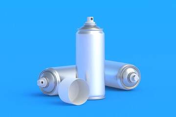 Metallic cans of spray paint. Hairspray or lacquer. Disinfectant sprayer. Renovation equipment. Gas in aerosol container. Tool for street art. 3d render - obrazy, fototapety, plakaty