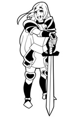 Fototapeta na wymiar A cute girl knight drawn in cartoon anime style stands leaning on her sword, she has long hair, she is wearing armor, outline drawing coloring with shadows