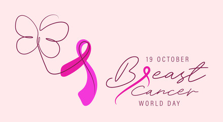 Breast cancer awareness world day poster vector illustration. One line drawing of woman self check breast cancer and awareness ribbon