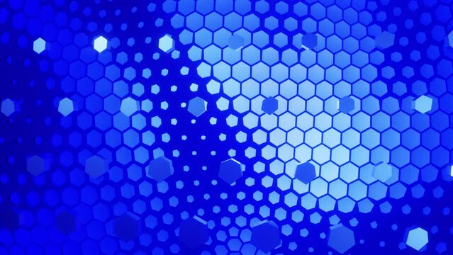 The blue honeycombs are moving. Hexagons. They decrease and increase. Looped animation.