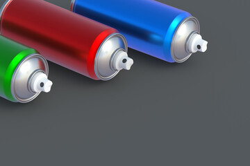 Row of metallic cans of spray paint. Hairspray or lacquer. Disinfectant sprayer. Renovation equipment. Gas in aerosol container. Tool for street art. Copy space. 3d render
