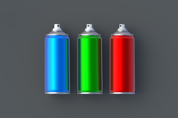 Metallic cans of spray paint. Hairspray or lacquer. Disinfectant sprayer. Renovation equipment. Gas in aerosol container. Tool for street art. Top view. 3d render