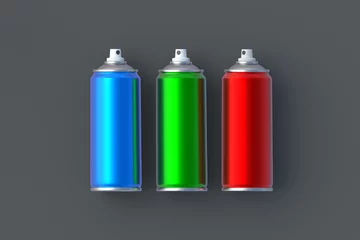 Foto op Aluminium Metallic cans of spray paint. Hairspray or lacquer. Disinfectant sprayer. Renovation equipment. Gas in aerosol container. Tool for street art. Top view. 3d render © OlekStock