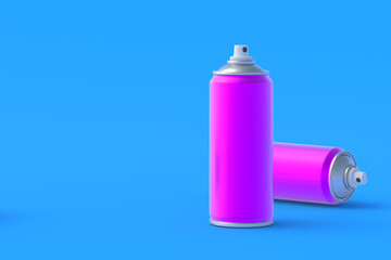 Metallic cans of spray paint. Hairspray or lacquer. Disinfectant sprayer. Renovation equipment. Gas in aerosol container. Tool for street art. Copy space. 3d illustration