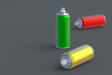 Scattered metallic cans of spray paint. Hairspray or lacquer. Disinfectant sprayer. Renovation equipment. Gas in aerosol container. Tool for street art. Copy space. 3d render