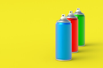 Row of metallic cans of spray paint. Hairspray or lacquer. Disinfectant sprayer. Renovation equipment. Gas in aerosol container. Tool for street art. Copy space. 3d illustration