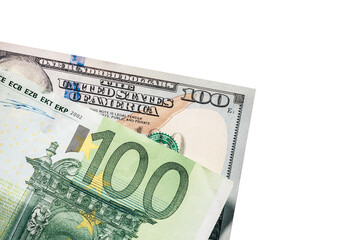 Close up of American money banknote bill with European cash money banknot, 100 of USA dollars, 100 one hundred dollar and 100 one hundred Euro paper exchange rate isolated on white background