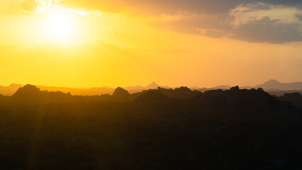 Colorful sunset over jungle and rainforest. Sri Lanka.
