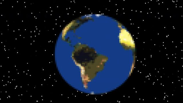 8-bit pixel art style animation: planet Earth, rotating in space, with the visible continents (no clouds), surrounded by many stars. Cute video game vibes.
