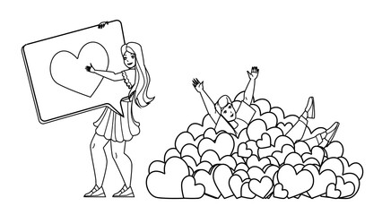 Girl And Boy Like Addiction In Social Media Vector. Young Man With Like Addiction Enjoying In Pile Of Hearts And Woman Resting Of Love Message Answer Or Review. Characters black line illustration