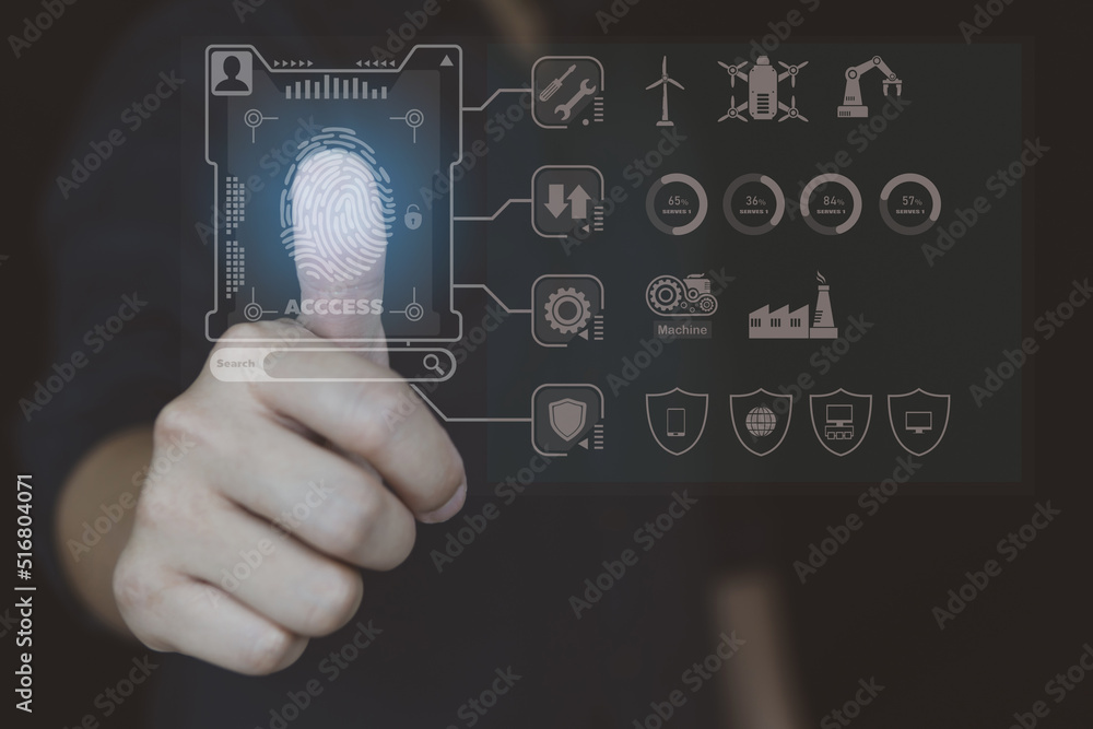 Poster concept of security of data and system, people finger scan into system, new technology for protect s