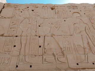 Detail of the hieroglyphs carved on the stone of an ancient wall in Egypt