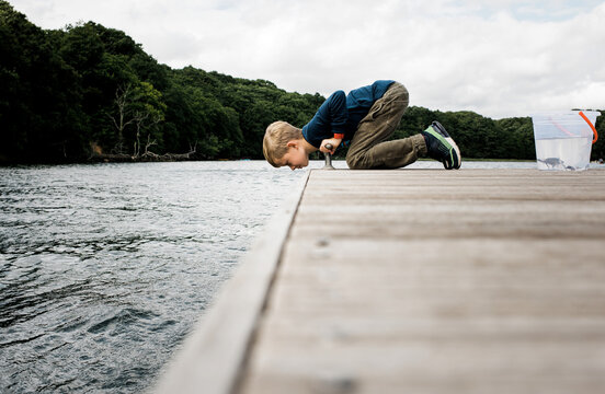 child leaning over the dock looking into the sea whilst crabbing