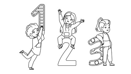 Kids Math Educational Lesson In School Vector. Children Boy And Girl Learning Math Education And Calculating Numbers. Characters Mathematics Studying Togetherness black line illustration