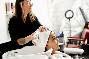 Happy client at the hairdresser.