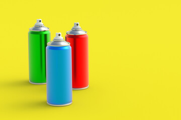 Metallic cans of spray paint. Hairspray or lacquer. Disinfectant sprayer. Renovation equipment. Gas in aerosol container. Tool for street art. Copy space. 3d render