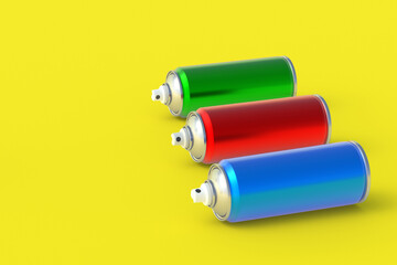 Metallic cans of spray paint. Hairspray or lacquer. Disinfectant sprayer. Renovation equipment. Gas in aerosol container. Tool for street art. Copy space. 3d render