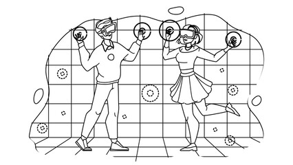 Obraz na płótnie Canvas Metaverse Vr Glasses Using Boy And Girl Vector. Metaverse Virtual Reality Device Use Young Man And Woman For Playing Video Games And Watching Video. Characters black line illustration