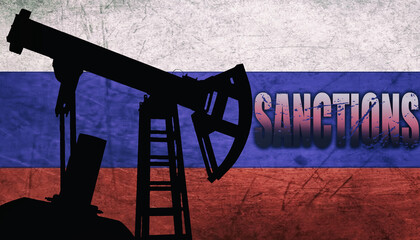 dark silhouette of an oil pump with inscription sanctions on background of the flag of Russia, fuel and energy crisis, increase in energy prices