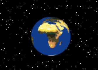 8-bit pixel art style illustration: planet Earth in space, with Africa and Europe as the most visible continents (no clouds), surrounded by many stars. Cute video game vibes.
