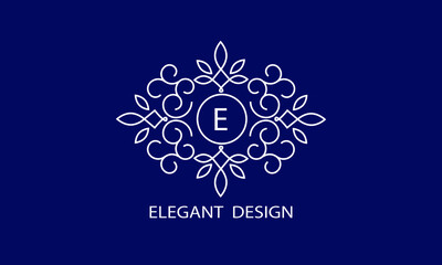 Trendy logo design template. Simple and clear initials E with ornate frames and blue background, suitable for restaurants, hotels, cafes, shops, fashion, beauty salons, etc.