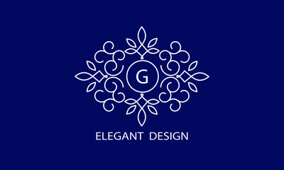 Trendy logo design template. Simple and clear initials G with ornate frames and blue background, suitable for restaurants, hotels, cafes, shops, fashion, beauty salons, etc.