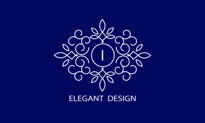 Trendy logo design template. Simple and clear initials I with ornate frames and blue background, suitable for restaurants, hotels, cafes, shops, fashion, beauty salons, etc.