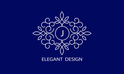 Trendy logo design template. Simple and clear initials J with ornate frames and blue background, suitable for restaurants, hotels, cafes, shops, fashion, beauty salons, etc.