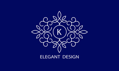 Trendy logo design template. Simple and clear initials  with ornate frames and blue background, suitable for restaurants, hotels, cafes, shops, fashion, beauty salons, etc.