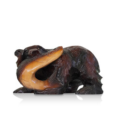 front view old wooden bear with fish on white background, object, decor, vintage, fashion, copy space