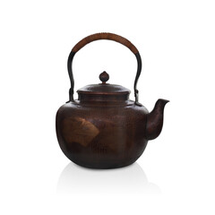 side view antique brown copper teapot on white background, vintage, retro, old, decor, fashion, copy space