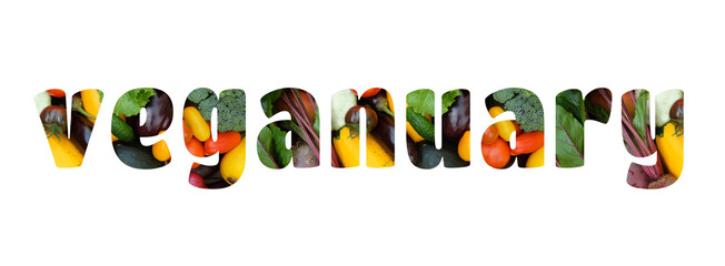 Banner. word Veganuary on a white background isolated. Stencil on the background of various multi-colored vegetables.