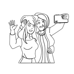 mother daughter selfie vector. family happy child, young mom, adult woman, mobile photo mother daughter selfie character. people black line pencil drawing vector illustration