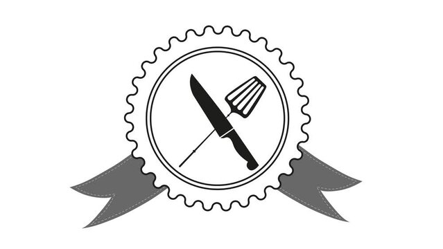 Steak House, barbecue restaurant logo, poster. BBQ trendy logo with barbecue grill , spatula and grill fork.