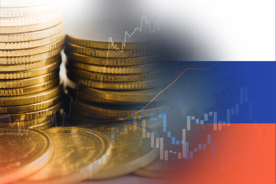 Stock market investment trading financial, coin and Russia flag or Forex for analyze profit finance business trend data background.
